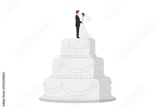 A threetiered white cake topped with a bride and groom figurine