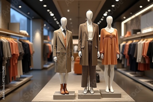 Fashionable mannequins stand prominently in a sleek retail space, showcasing a range of stylish outfits and accessories, highlighting current trends in apparel