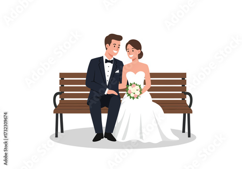 A wedding couple sits on a park bench embracing joyfully