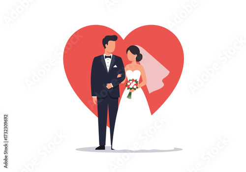 A wedding couple stands before a red heart groom in black suit bride in white dress with bouquet and veil