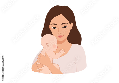 A woman holding a sleeping baby in her arms both facing left with neutral expressions