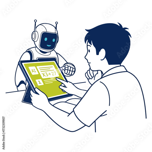 Boy With Robot Studying on a Tablet