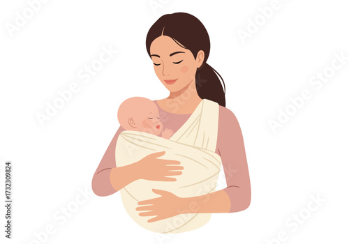 A woman in a pink shirt holds a baby wrapped in a cream sling