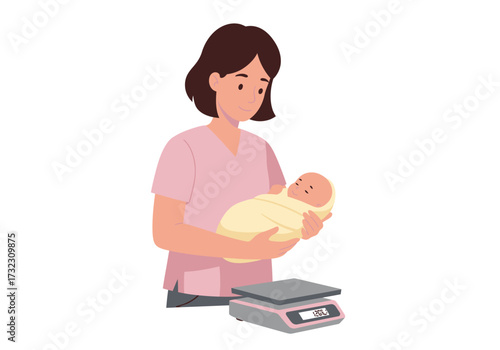 A woman in pink holds a baby wrapped in yellow A scale sits at the bottom of the frame