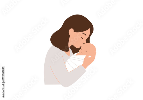 A woman with brown hair is kissing a baby swaddled in white cloth against a white background
