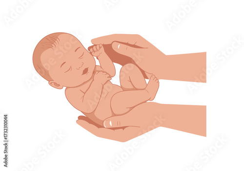 An infant cradled in hands eyes closed legs relaxed