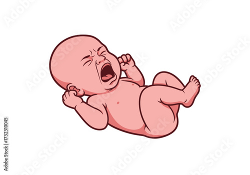 An infant lies on its back face scrunched mouth open in a loud cry hands near ears
