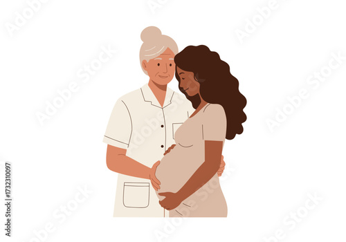 An older woman embraces a pregnant woman from behind both smiling gently