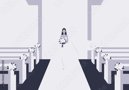 Bride gown bouquet in church aisle pews adorned with flowers