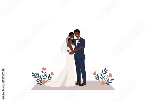 Bride  groom stand on a rug with floral accents The couple is black Groom in suit  bride in white dress  veil