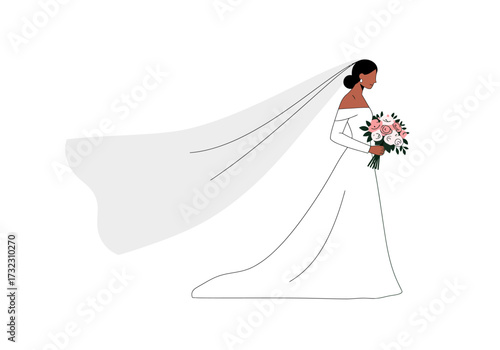 Bride in a white gown  veil holds a flower bouquet