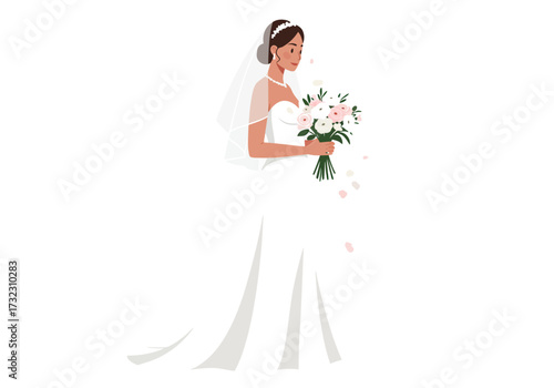 Bride in white gown holding bouquet veil and tiara