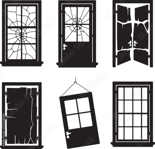 Broken doors and windows silhouettes cracked