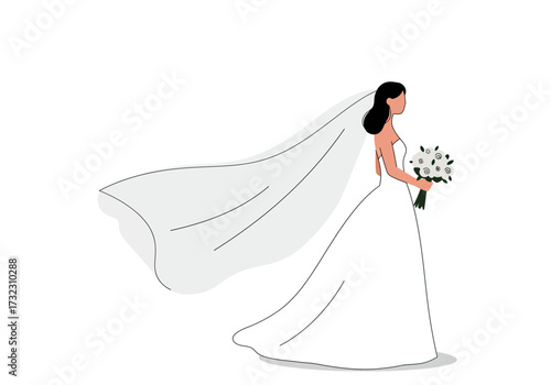 Bride in white gown holding bouquet with a flowing veil