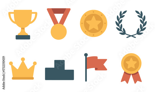 Golden trophy and medal icons with laurel wreath and podium