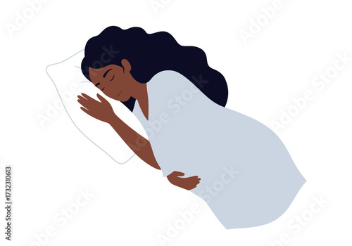 Darkhaired woman sleeps soundly on a white pillow under a light blue blanket