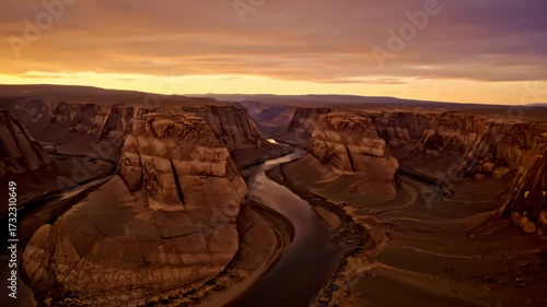 Dramatic sunset over Horseshoe Bend canyon and Colorado River