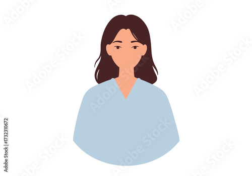 Depicts a woman with brown hair wearing a light blue shirt
