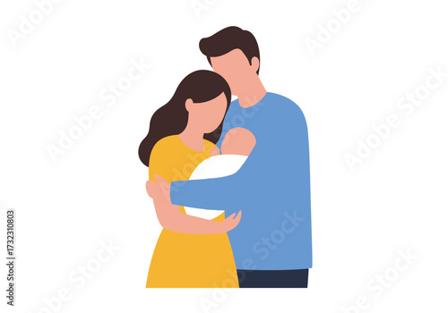 Family hug faceless woman man baby in arms Solid color clothing no facial features clean background