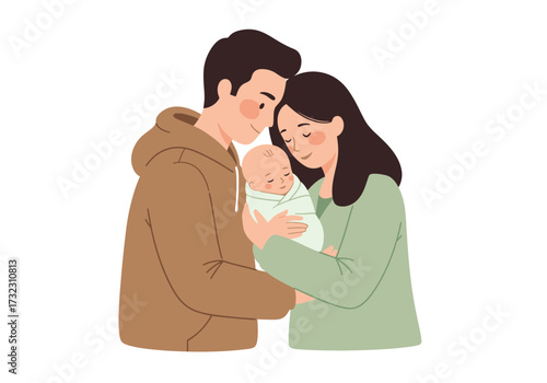 Family parents holding a baby wrapped in a blanket eyes closed content