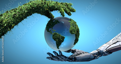Hi Tech Mechanical Robot and Nature covered with flowers and grass two arms hovering Earth Globe as Save Water Green Technology conceptual design on gradent background. 3d render
