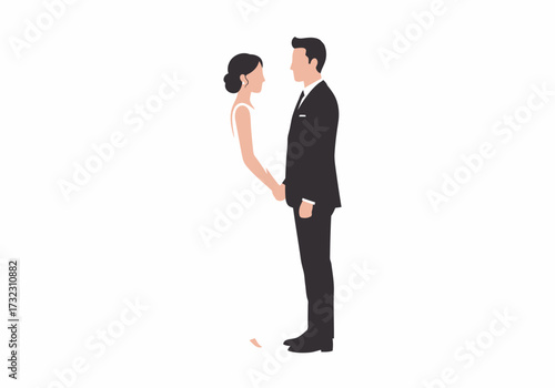 Groom in dark suit  bride in white dress facing each other holding hands