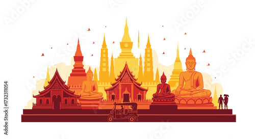 A vibrant silhouette of ancient temples and buddhas at sunset.