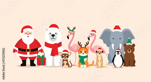 A festive gathering of cartoon animals and santa claus wearing christmas hats.