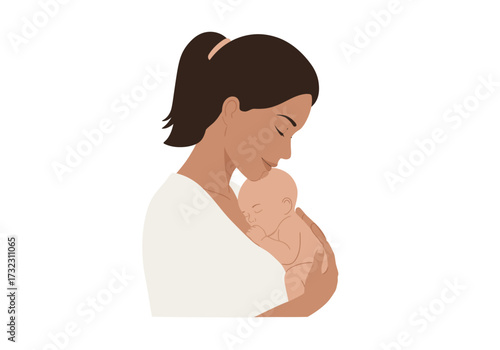 Illustration of a woman with dark hair holding a sleeping baby