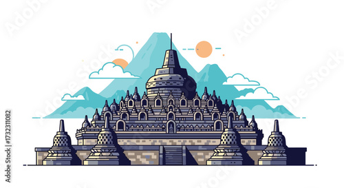 Ancient stone temple complex nestled amidst misty mountains and bright sun.