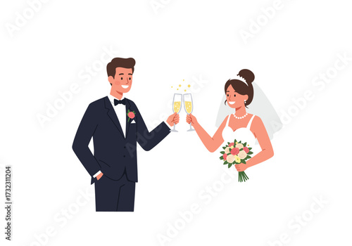 Newlyweds clink champagne glasses She holds a bouquet hes in a suit