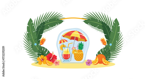 Enjoy a refreshing tropical beverage with fruity garnishes and umbrellas.