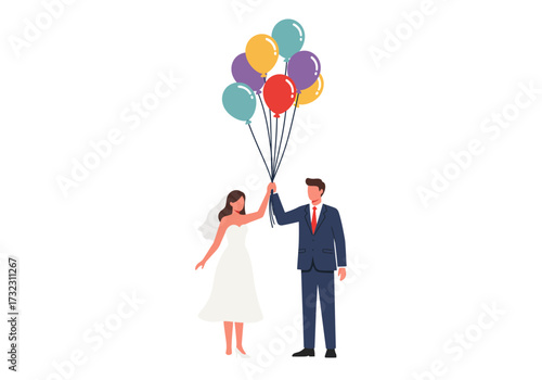 Newlyweds dressed formally hold balloons