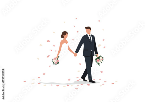 Newlyweds hold hands amidst scattered petals