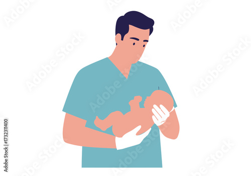 Nurse holds newborn wearing gloves with blue scrubs looking down