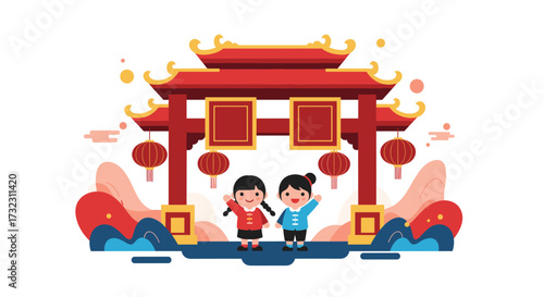 Two happy children standing in front of a traditional chinese gate during festival.