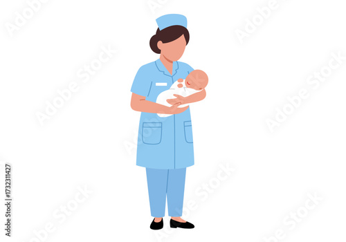 Nurse in scrubs cradling a baby in a white blanket