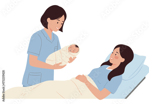 Nurse presents a newborn to a mother in a hospital bed both smiling