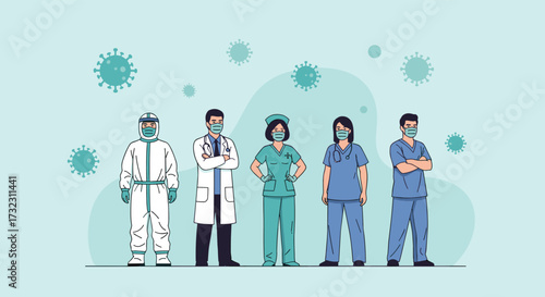 Essential healthcare workers stand together against a backdrop of viruses.