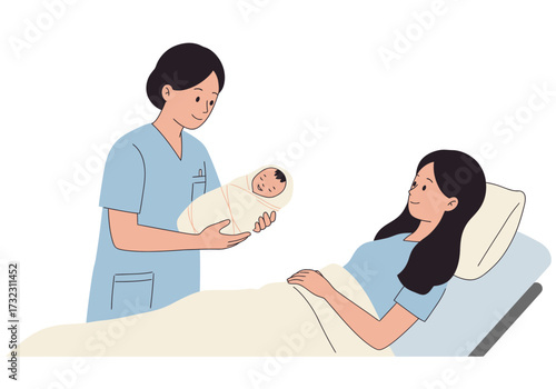 Nurse presents newborn to a mother in a hospital bed