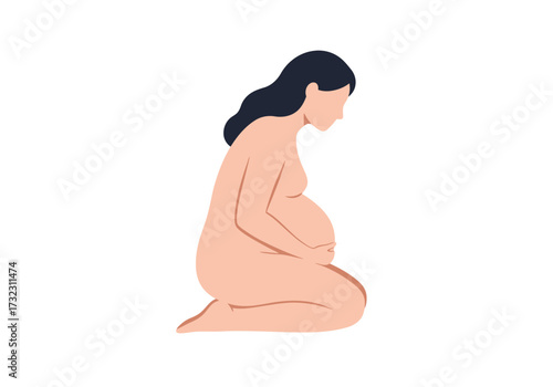 Pregnant nude woman kneeling holding abdomen dark hair minimalist style