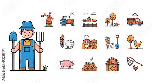 Collection of cute farm and farmer icons for your designs.