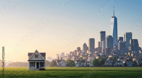 House in field with city skyline background