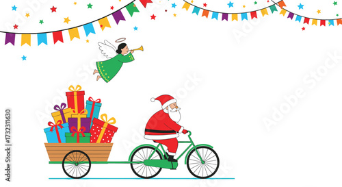 Santa riding a bicycle with a wagon full of presents and an angel with a trumpet.