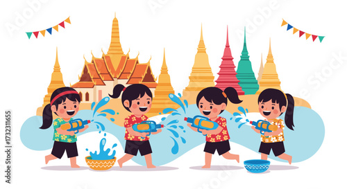Children happily celebrating the Songkran festival by splashing water.