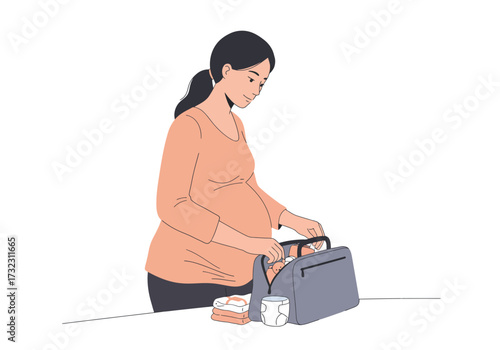 Pregnant woman packs a grey bag next to baby clothes and a patterned cup