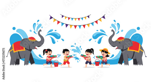 Children celebrating a water festival with elephants and colorful flags.