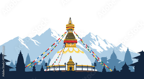 The stupa surrounded by prayer flags stands tall against the majestic mountain backdrop.