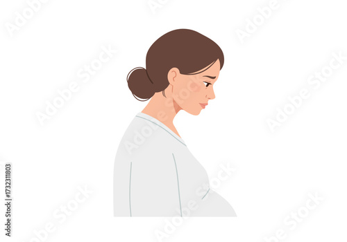 Side profile of a pregnant woman with brown hair in a bun looking downcast