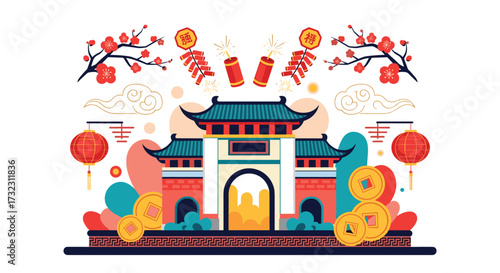 Traditional Chinese gate and festive decorations for a joyous celebration.